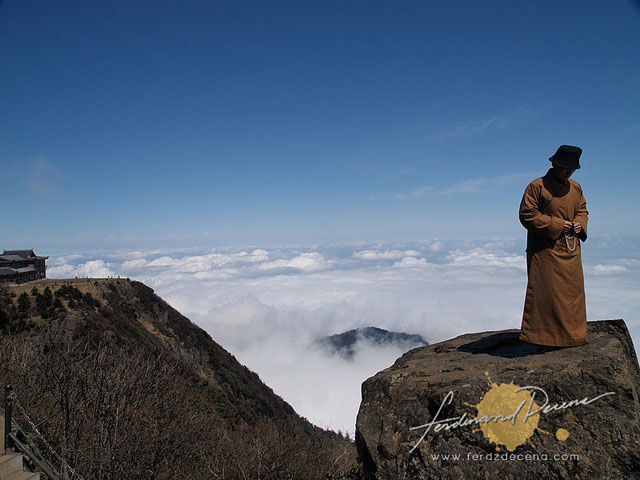 A Monk on the Cliff of Self Sacrifice at Mt Emei