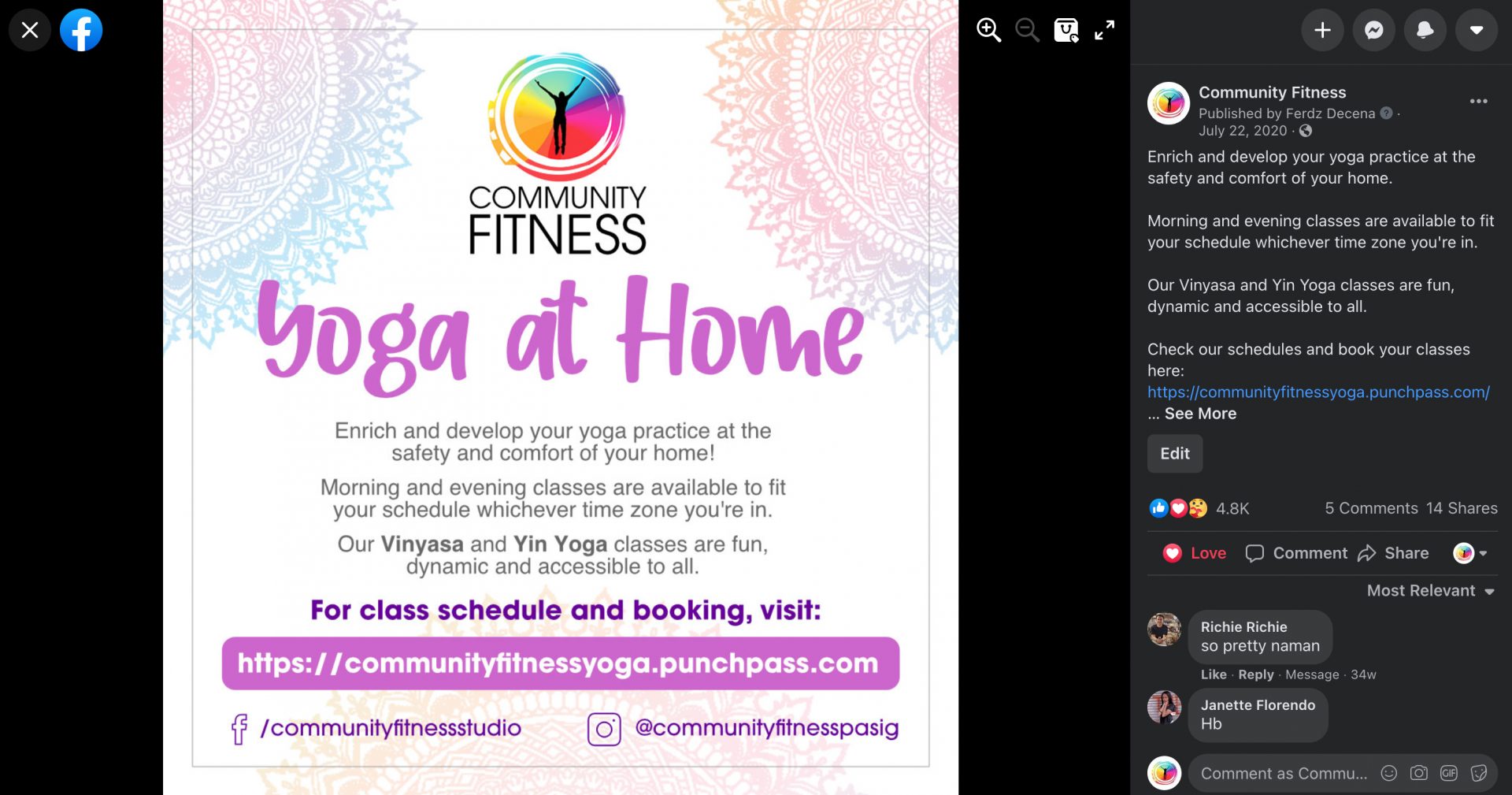 Community Fitness Yoga at Home posting